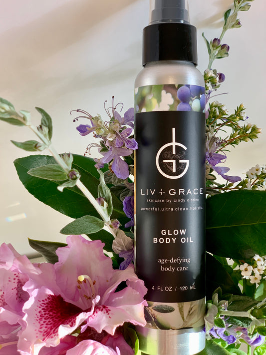 GLOW BODY OIL, a beautiful age defying body oil by LIV + GRACE SKINCARE that is vegan, sustainable and 100% all natural ingredients.
