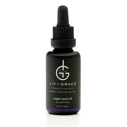 LIV+GRACE SKINCARE'S SUPER SEED OIL includes nutrient rich super foods like Marula, Baobab, Pomegranate, Cranberry, Pumpkin Seed, Jojoba, and Grape Seed,  to name a few, creating a bespoke elegant  facial oil you won't want to live without!